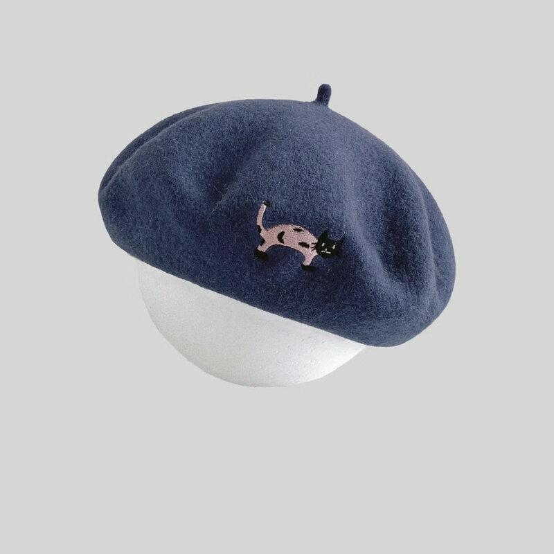 Милая вязаная шерстяная беретка с вышивкой котенка для женщин M (56-58cm)