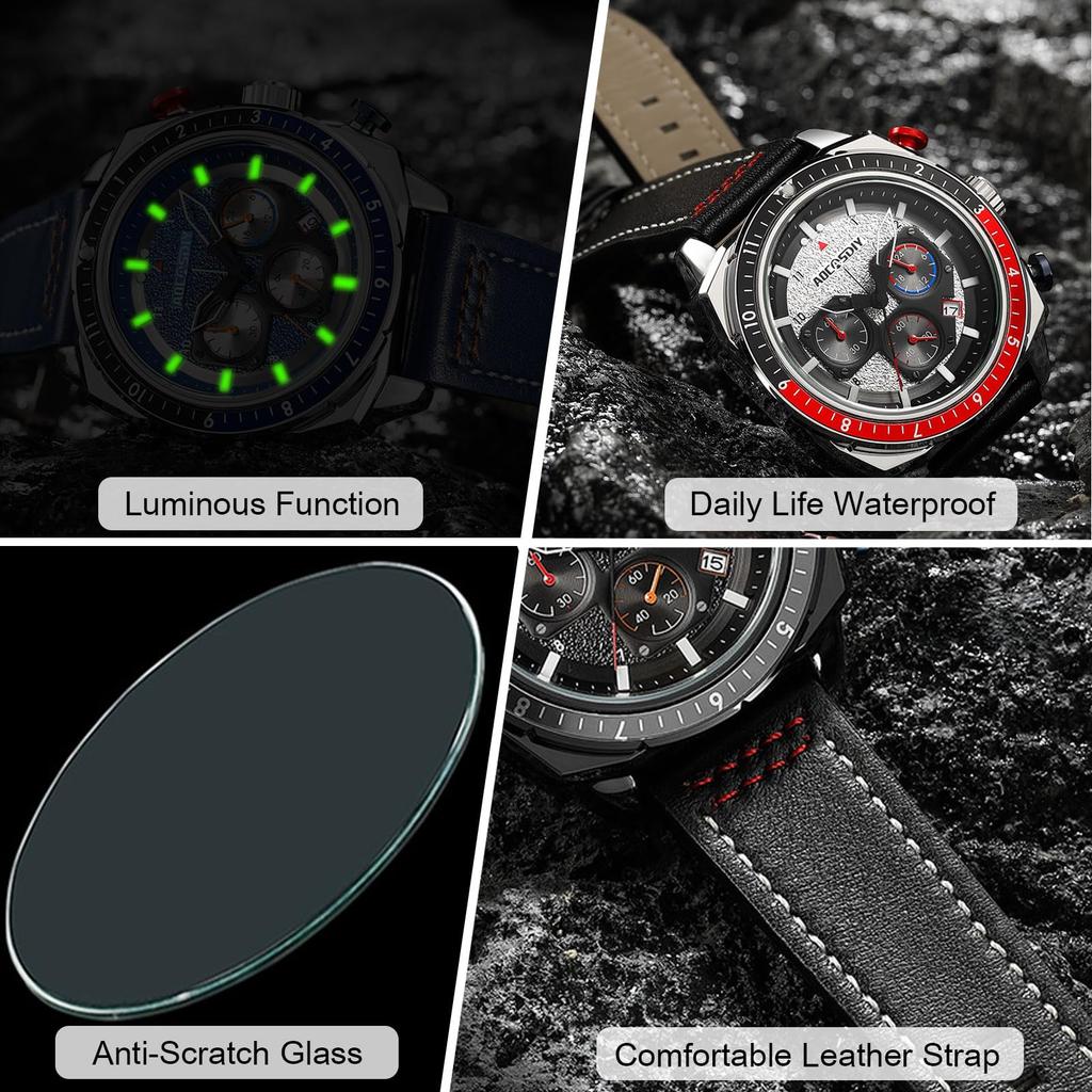 Relógio Cronógrafo Analógico RORIOS com Data À Prova d'Água Quartzo Luminoso Couro Genuíno Popular Relógio Militar para Negócios ou Casual Branco Masculino