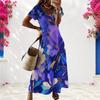 Women Plus Size V Neck Short Sleeve Red Floral Printed Long Straight Dress
