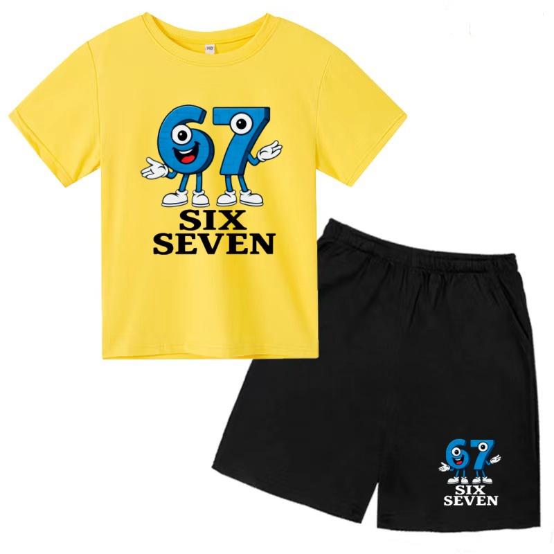 Children Summer Six Seven 67 Cartoon Print Casual Set Clothes T-shirt+Shorts 2P Charming Boy Girl Toddler 3-12 Yrs Short-sleeved