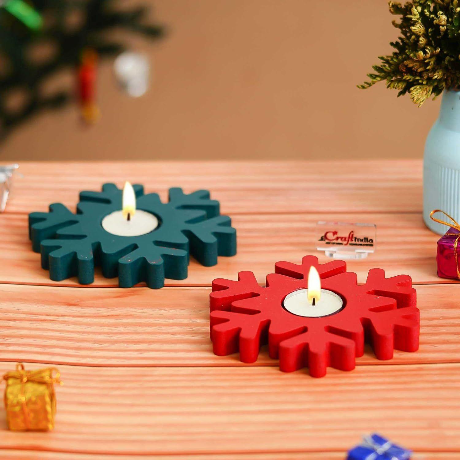 

Christmas Snowflake Decorative Tea Light Candle Holders(Set of 2 Wooden Green Red)Tea Light Holders|Christmas Decoration Items