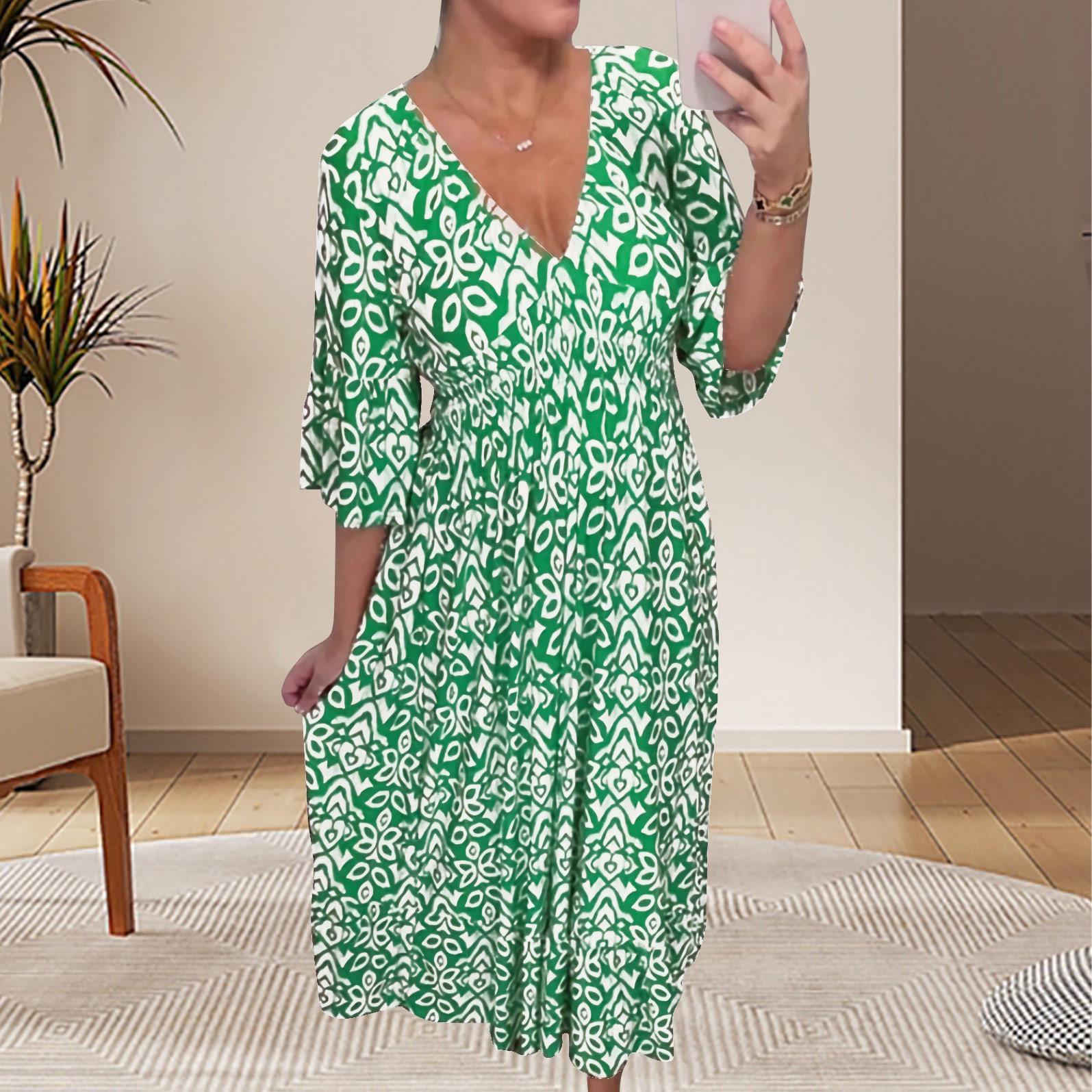 

Женское модное повседневное платье с v-образным вырезом и принтом, туника на талии с рюшами и рукавами 3/4, платье трапециевидной формы XXL зелёный