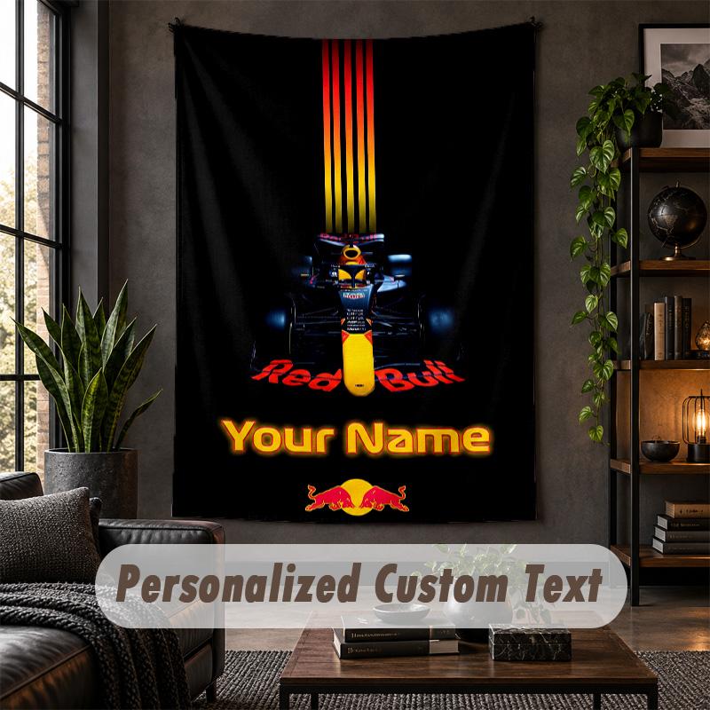 Personalisierte Wandtapisserie, Red Bull Racing Benutzerdefinierter Text, Weiches Stoff-Wandbild für die Innendekoration