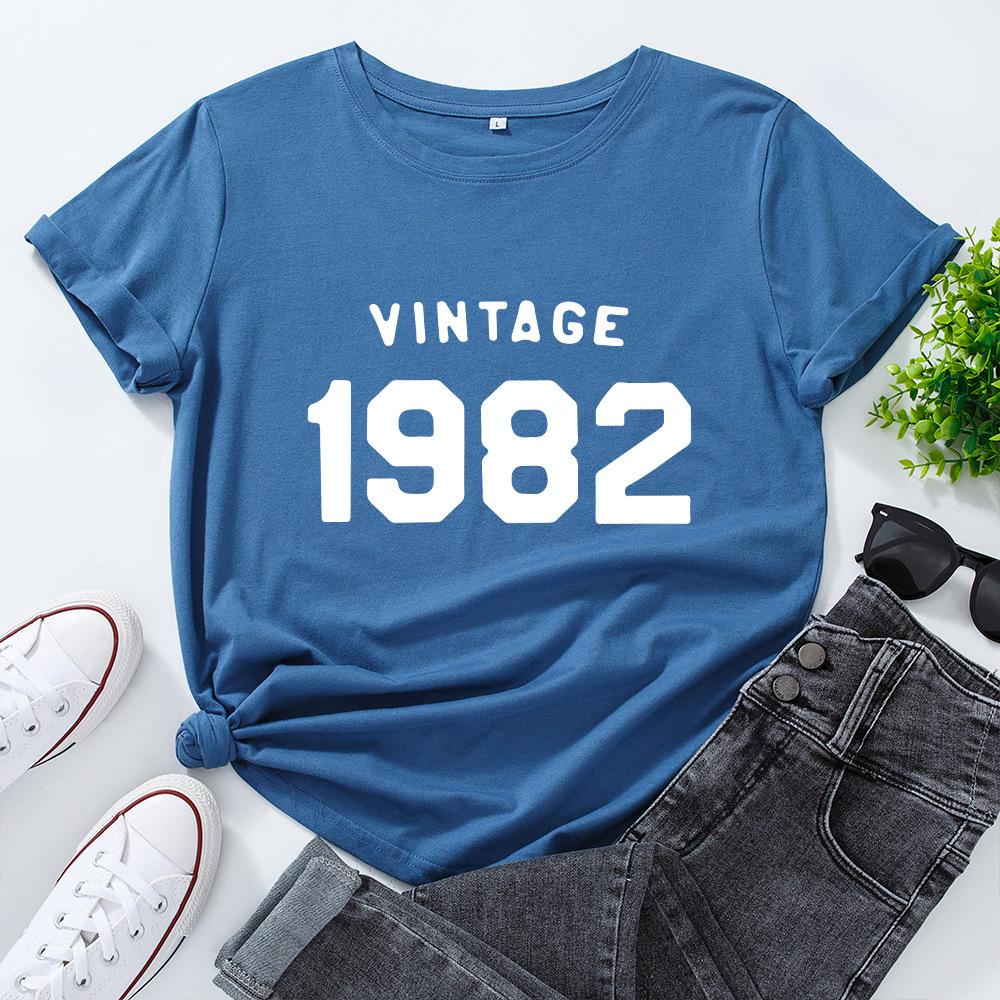 Retro1982 Printed Cotton Loose Round Neck Short Sleeved Women's  T-shirts