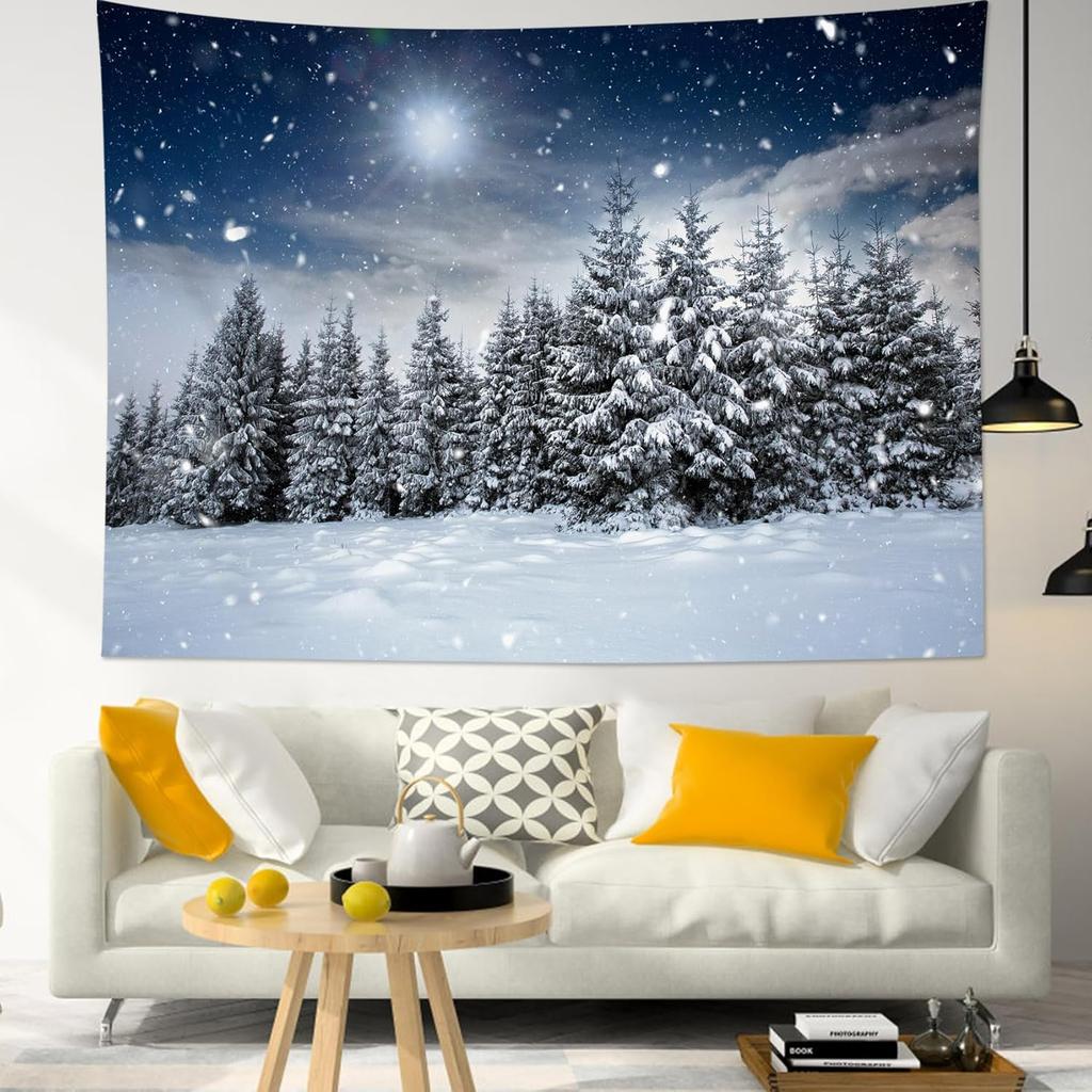 Starry Sky Tapestry Snow Mountain Wall Hanging Pine Tree Forest Tapestries for Bedroom Living Room Dorm Decor,80Wx60H inches