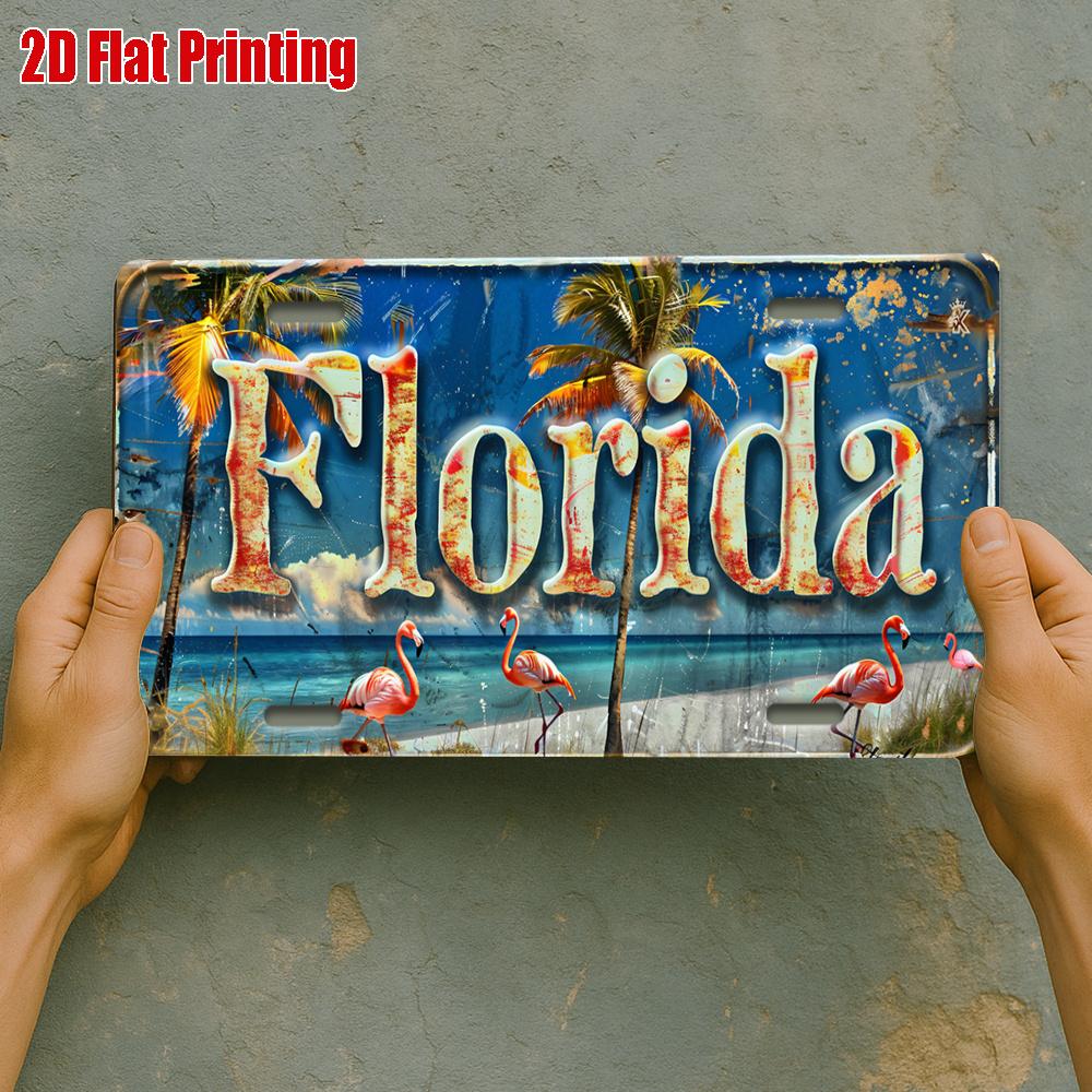 2D Flat Piece, Florida Beach Scene Metal License Plate, Vintage Aluminum Sign, Suitable for Poolside, Patio, Beach Bar