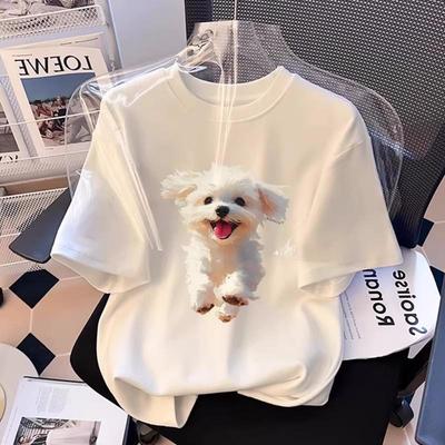 Trendy White Cartoon Puppy Women's Loose Fit Short Sleeve T-Shirt, Summer 2026