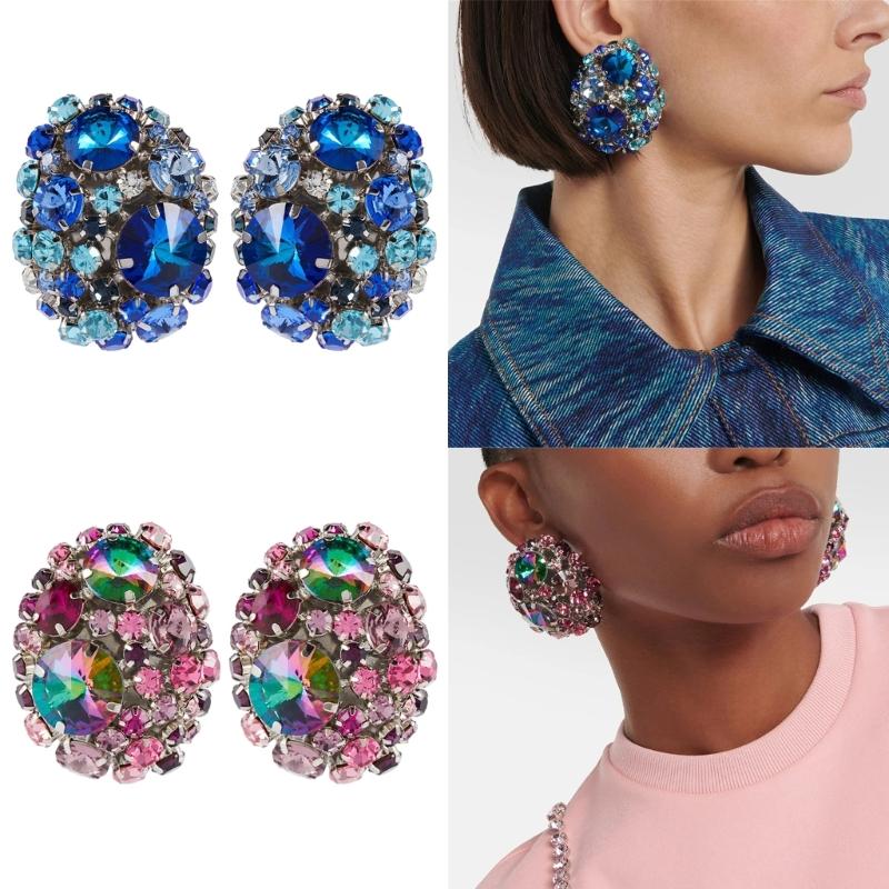 Elegant Round Crystal Ear Clips Colorful Rhinestone Earrings Stylish Non Pierced Ear Rings for Women Christmas Gift