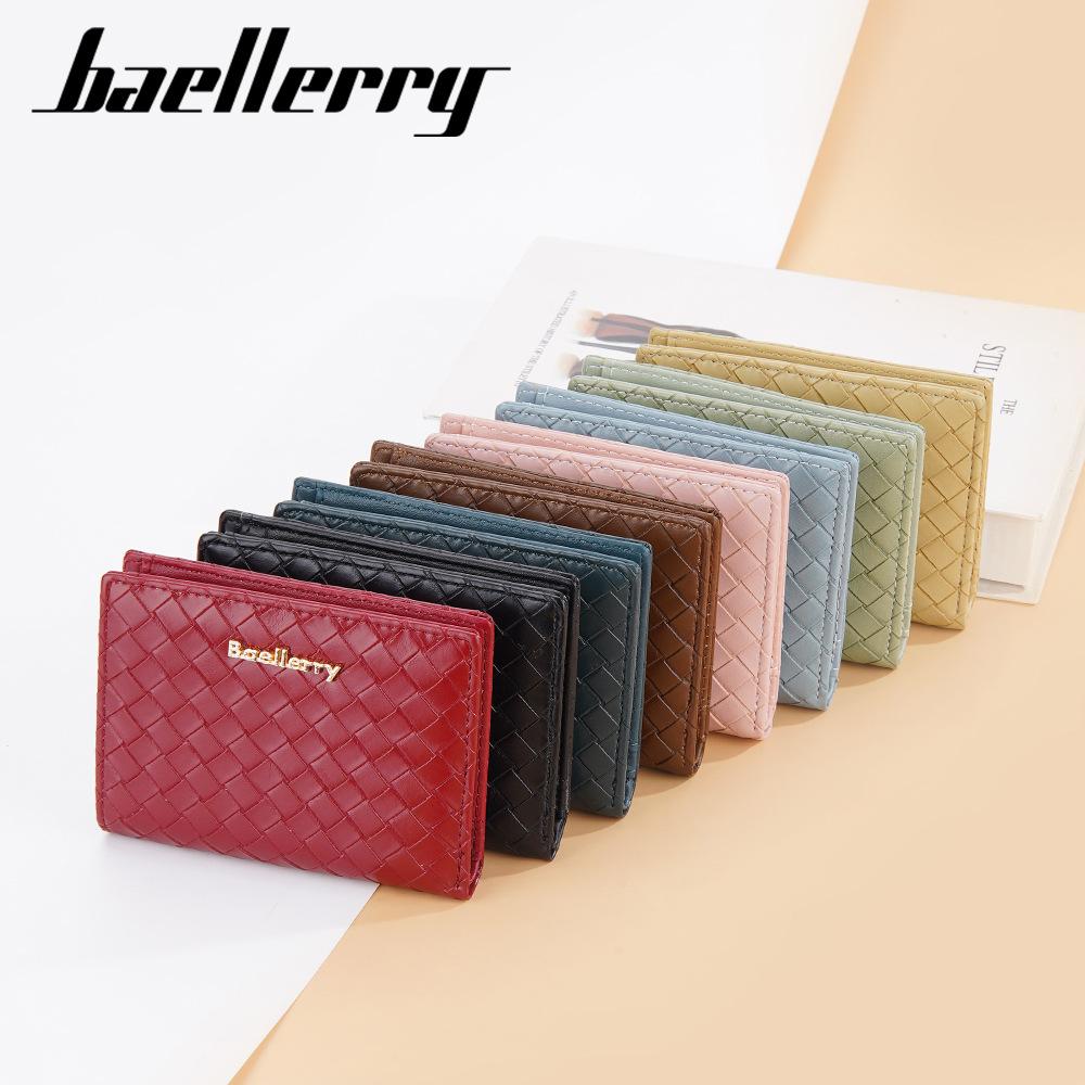 Baellerry Women's Korean Style Short Purse Pu Leather Woven Texture Wallet Snap Button Billfold Multiple Card Slots Notecase Slim Card Holder