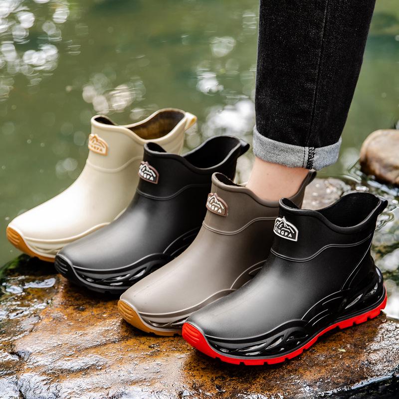 Men's Non-slip Waterproof Ankle Rain Boots - Fashionable, Wear-resistant Outdoor Rubber Shoes for Kitchen and Work.