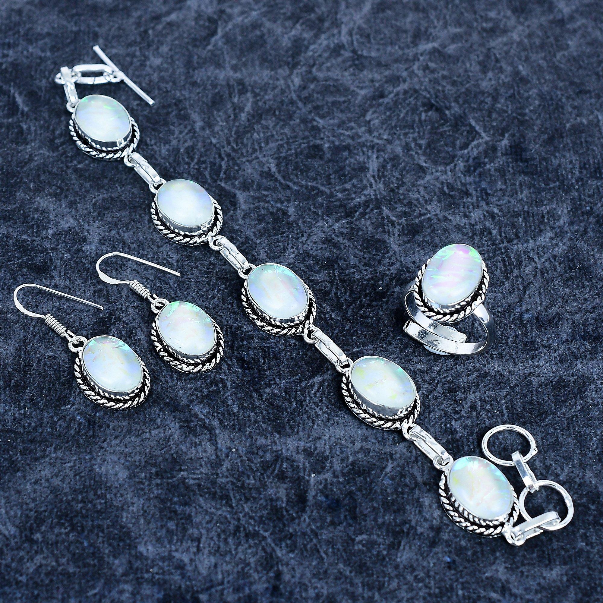 

Блакитний Триплет Опал Самоцвіт Ручна Робота Срібло 925 Проби Ювелірний Набір M-3194