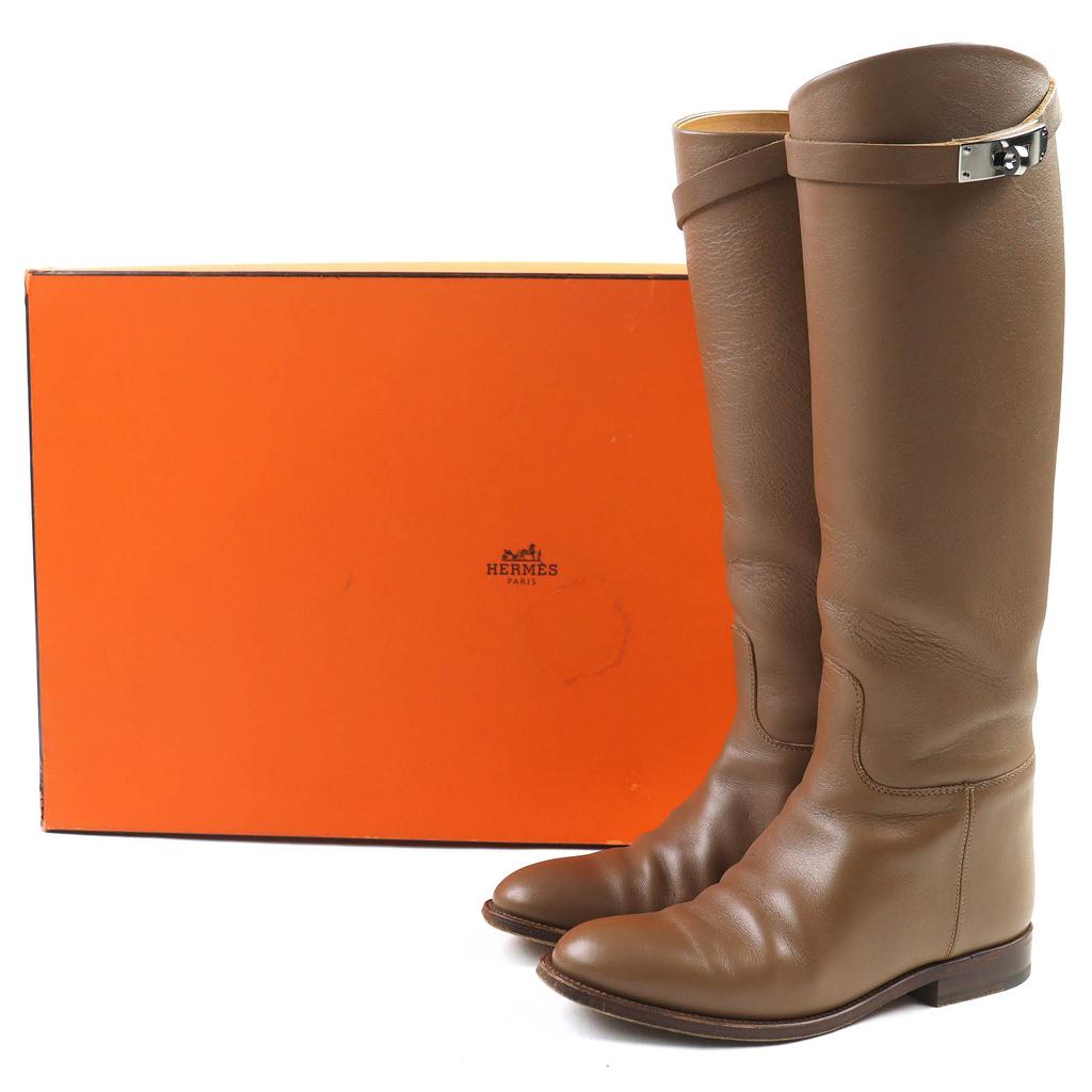 Great HERMES Knee-high boots jumping boots Kelly Buckle Leather Brown Women 35 Used