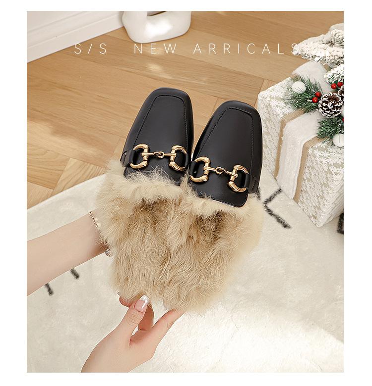 

Кожаные тапочки женские носят тапочки из кроличьего меха осенне-зимние туфли мюли плоские популярные в сети с закрытым носком полушлепки с мехом 35