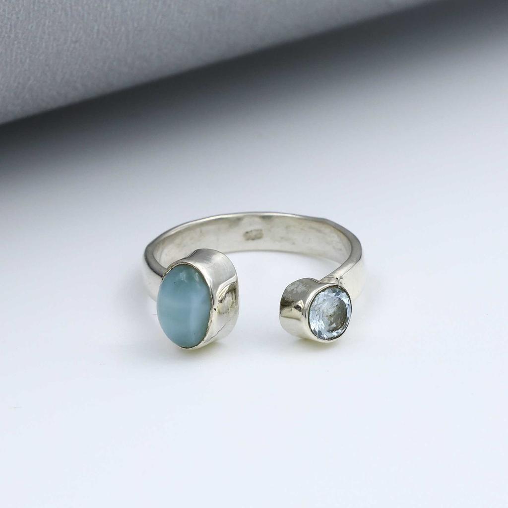 Anello in Argento Sterling 925, Anello con Topazio Blu Larimar, Anello Fatto a Mano, Anello Regolabile, Anello Statement, Anello di Design, Regalo per Lei