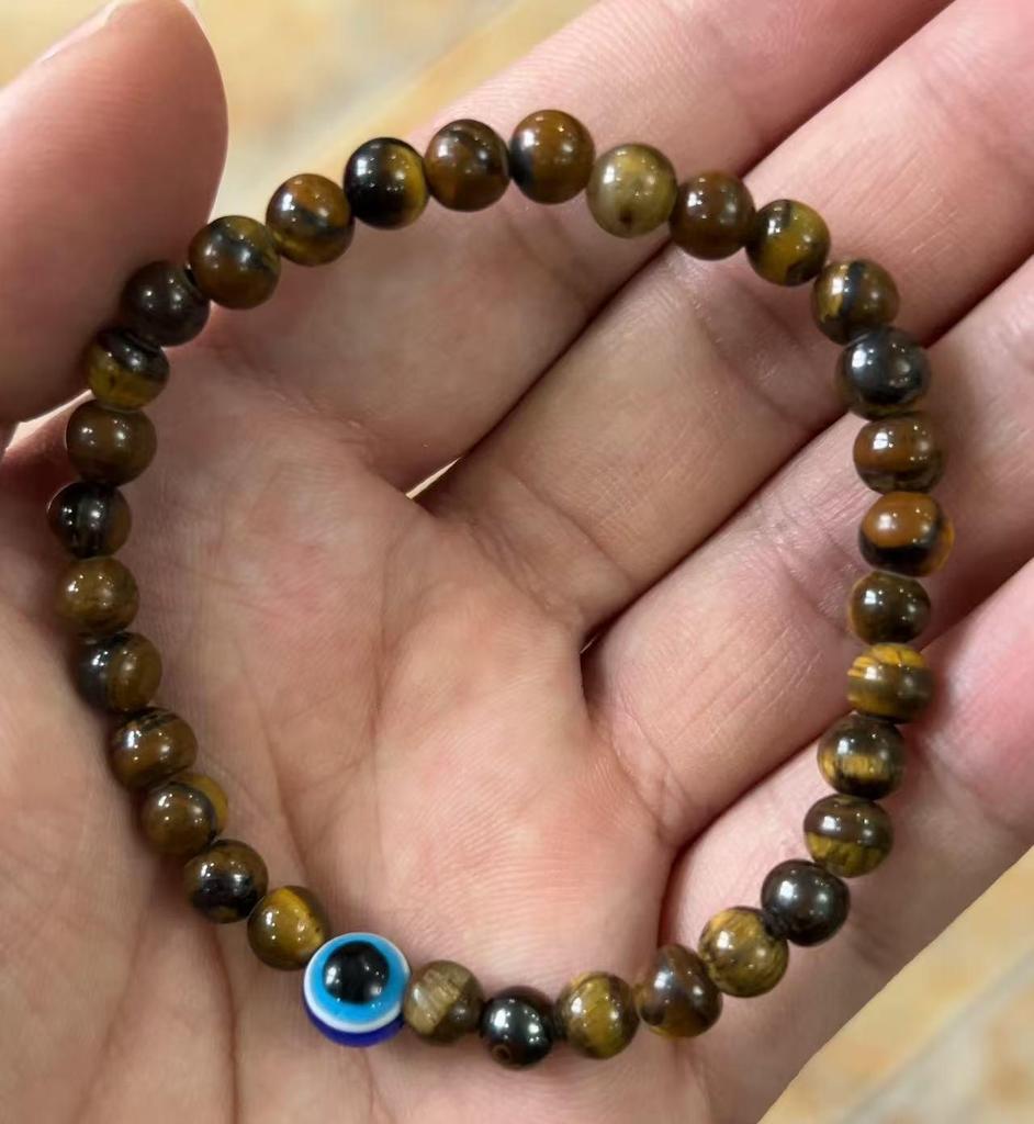 Retro Devil's Eye Bracelet: 6mm Tiger Eye & White Turquoise Beads, Elastic & Versatile