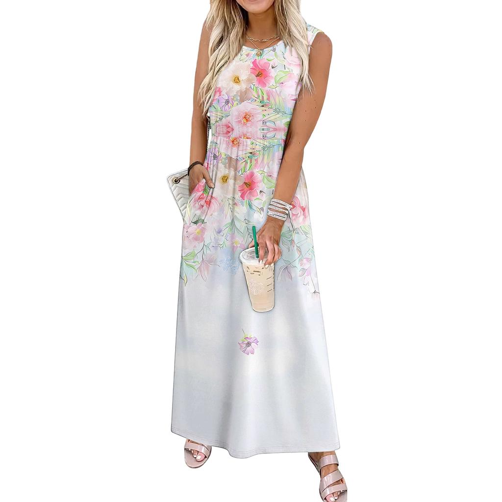Ladies' Floral Print Casual And Fashionable Waist Cinched Sleeveless Dress