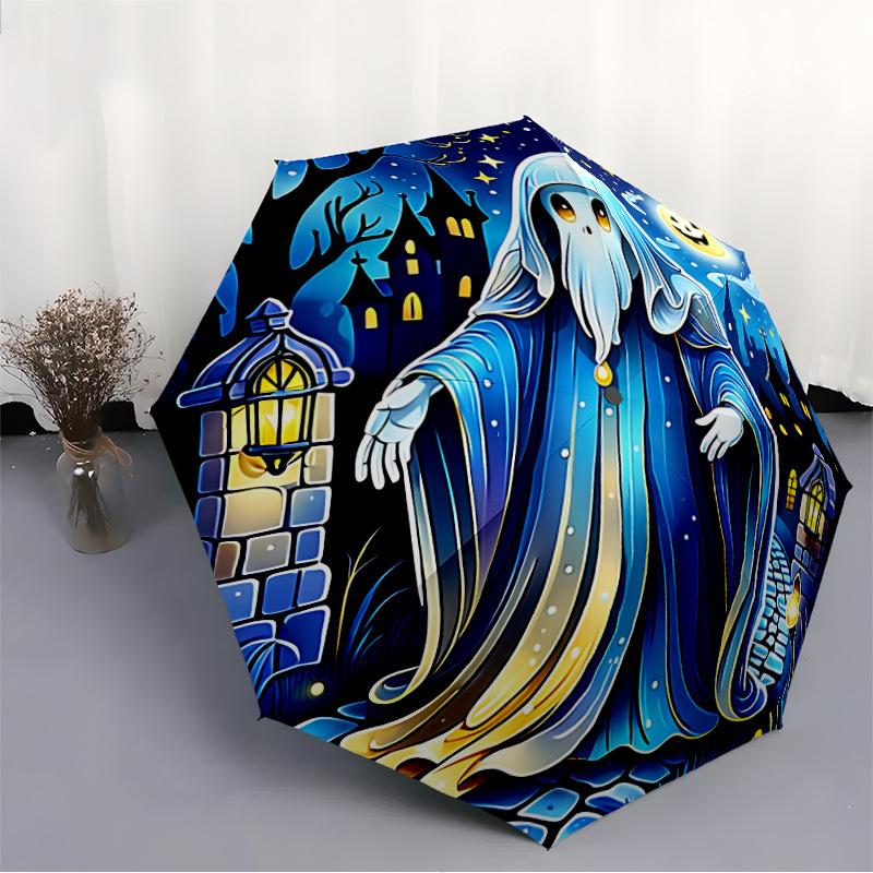 1ks Strašidelná noc Automatický skládací deštník - Design, Odolná železná konstrukce pro cestování, Venkovní použití, Plážový módní doplněk a0920013