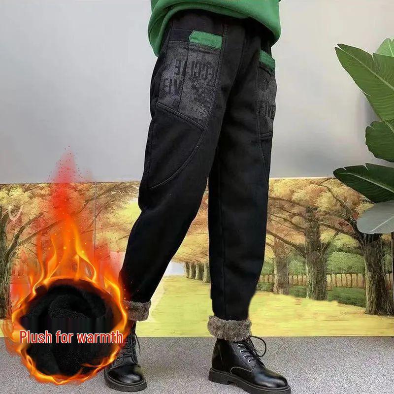 Women's High-Waisted Fleece-Lined Harem Jeans - Elastic, Thickened, Trendy Loose Fit