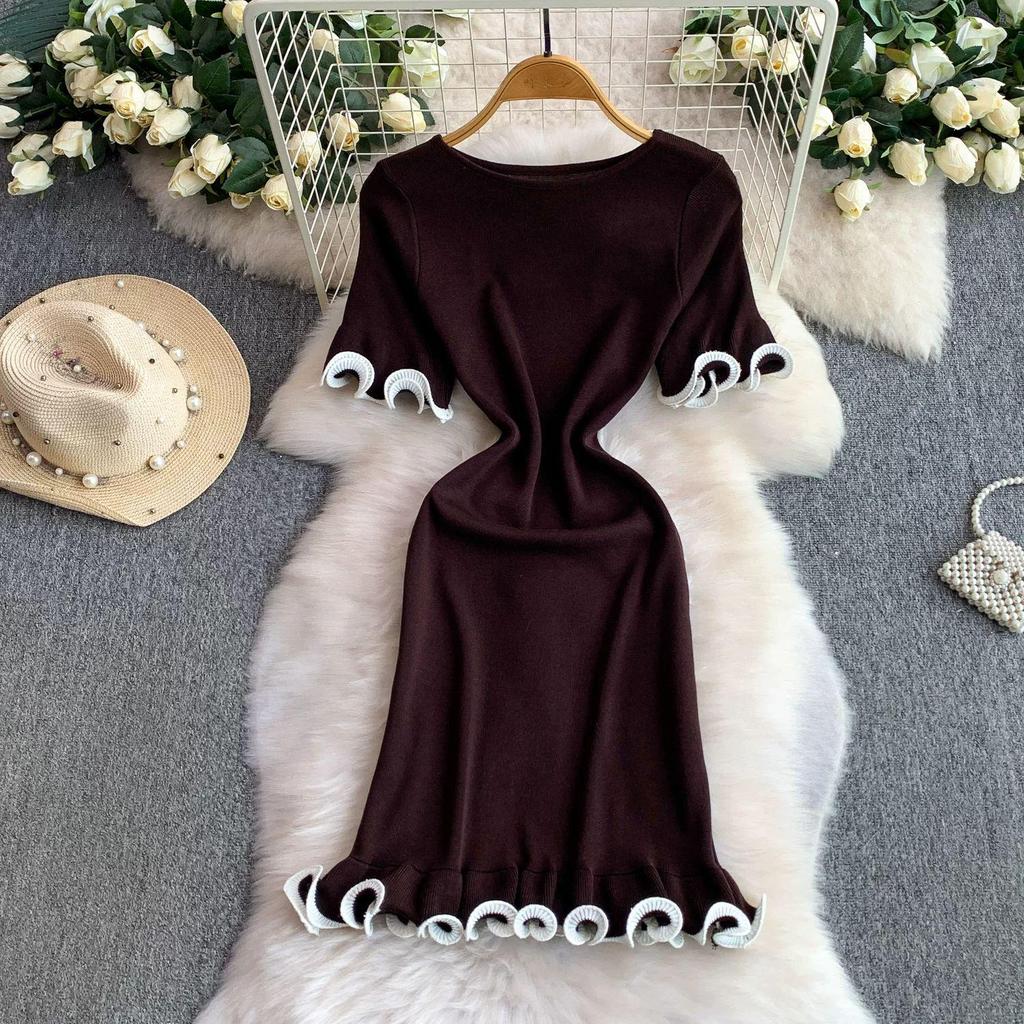 2026 Summer European French Slim Knit Dress – Short Sleeve Round Neck, Hip Wrap Skirt for Women