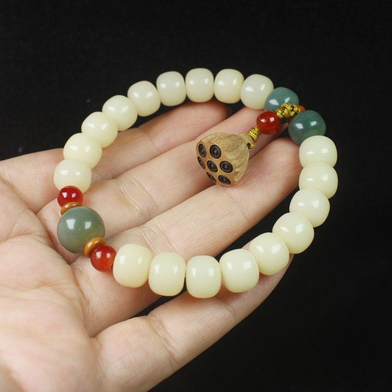 Jade Creamy Yellow Bodhi Root Barrel Bead Bracelet with Lotus Pod Pendant Unisex Chinese Style Wooden Hand Decoration Jewelry