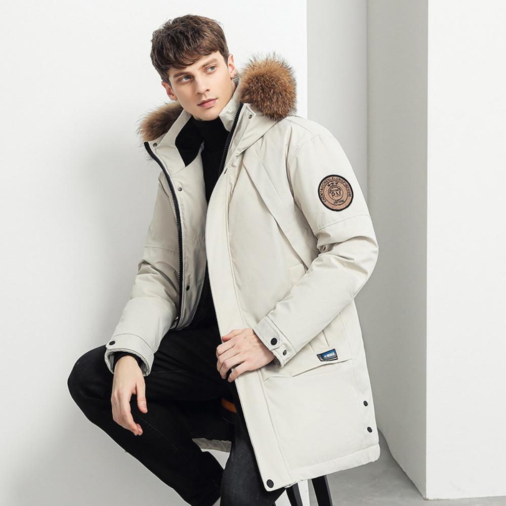 Large fur collar men's down jacket, winter medium and long version tooling large pocket casual loose thickened jacket