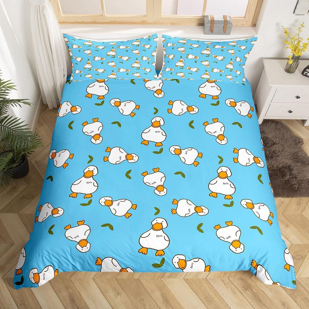Cute Duck King Queen Duvet Cover Cartoon White Goose Bedding Set Funny Farmhouse Animal Comforter Cover Polyester Quilt Cover