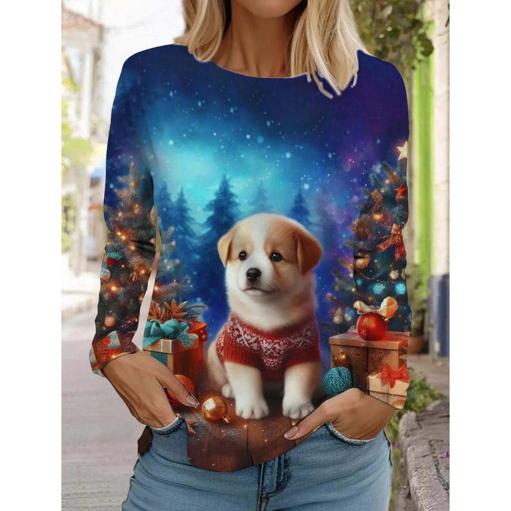 Autumn and Winter Round Neck 3D Christmas Cute Dog Printed Top Fashionable Casual Long Sleeved Women's T-shirts