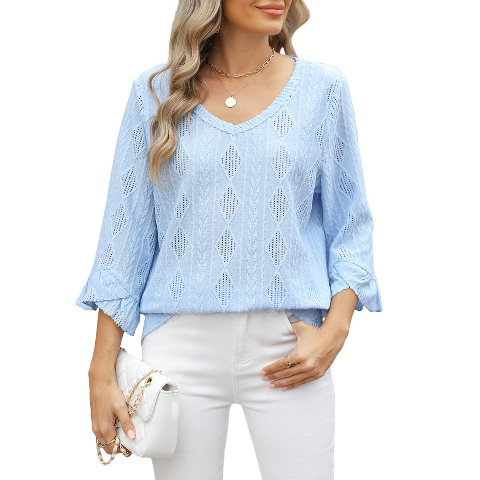 

Womens Summer T Shirts Loose Cotton and Linen Summer Casual Outdoor Tee Shirt Breathable Women Lace Long Sleeve Blouse XXL світло-синій колір
