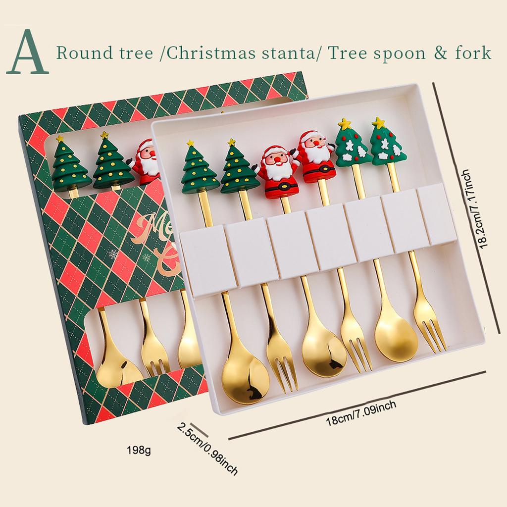 6pcs Christmas Party Dinnerware Set with Gift Box Elk Christmas Hat Tree Fork Spoon Cutlery Set Gold Stainless Steel Tableware