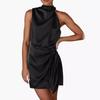 Abito Mini Formale da Donna Primavera Estate in Raso Scollo Alto Senza Maniche Nodo in Vita Abito Bodycon da Cocktail