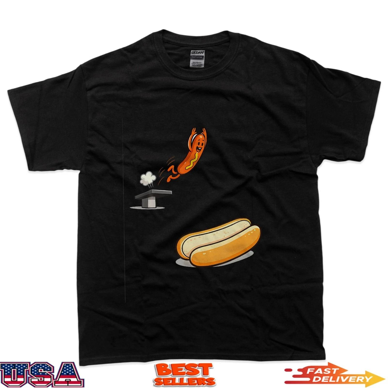 Funny Hot Dog Diving Into Bun Cartoon Food Humor T-Shirt L