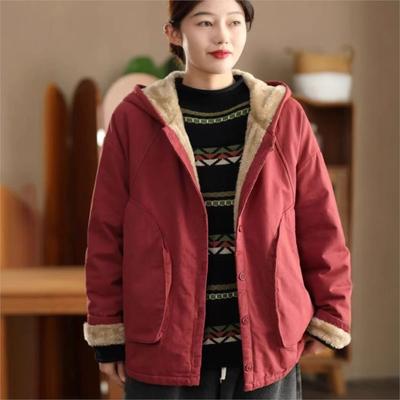 Women Vintage Hooded Warm Solid Color Winter Coats Button Pockets Casual Female Coats