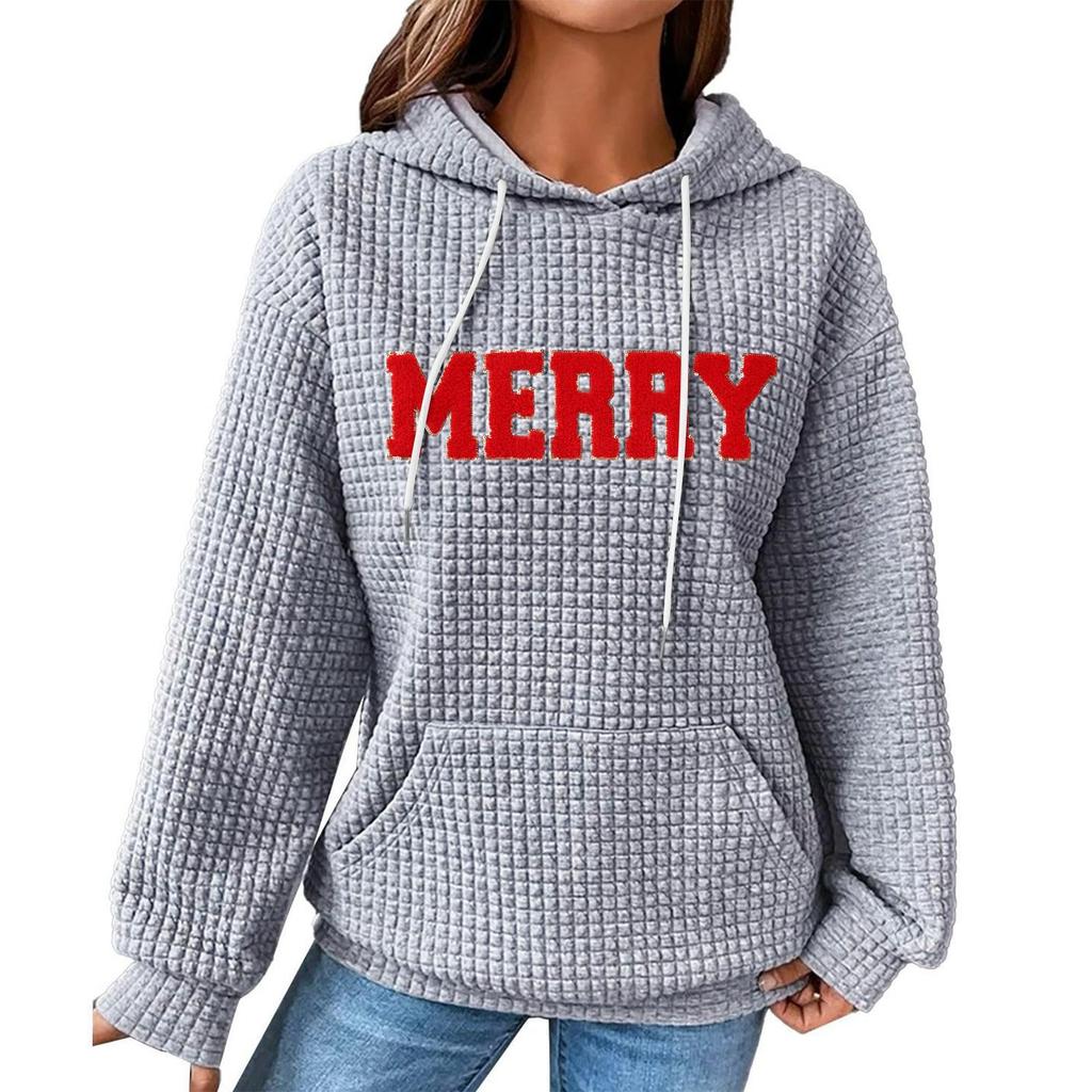 Women's Fashion Loose Hooded Pullover Long Sleeve Plaid Sweatshirt With Drawstring, Drop Shoulder, Pocket, Christmas Print Top
