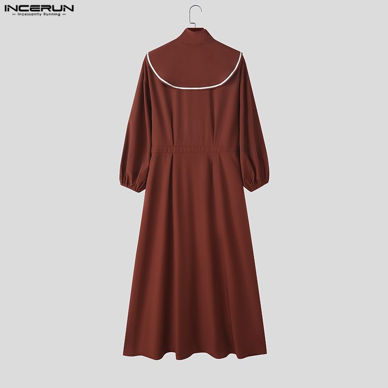 INCERUN Men Stand Neck Long Sleeve Button Up Casual Pleated Long Shirts Tops