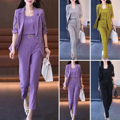 3 Pcs/Set Women Business Suit V Neck Sleeveless Vest Half Sleeve Lapel Hollow Out Coat High Waist Harem Pants Solid Color