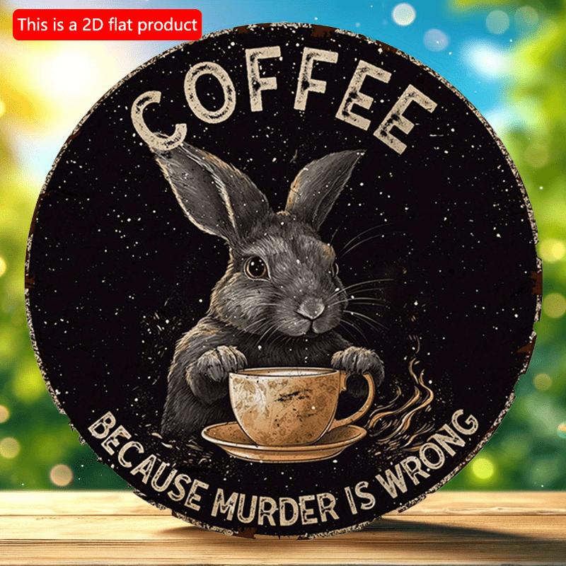 2D Flach 20*20cm, Vintage Heimdeko, Hase "Kaffee weil Mord falsch ist" hölzernes Rundlogo, für Zuhause, Café, Bar Deko.