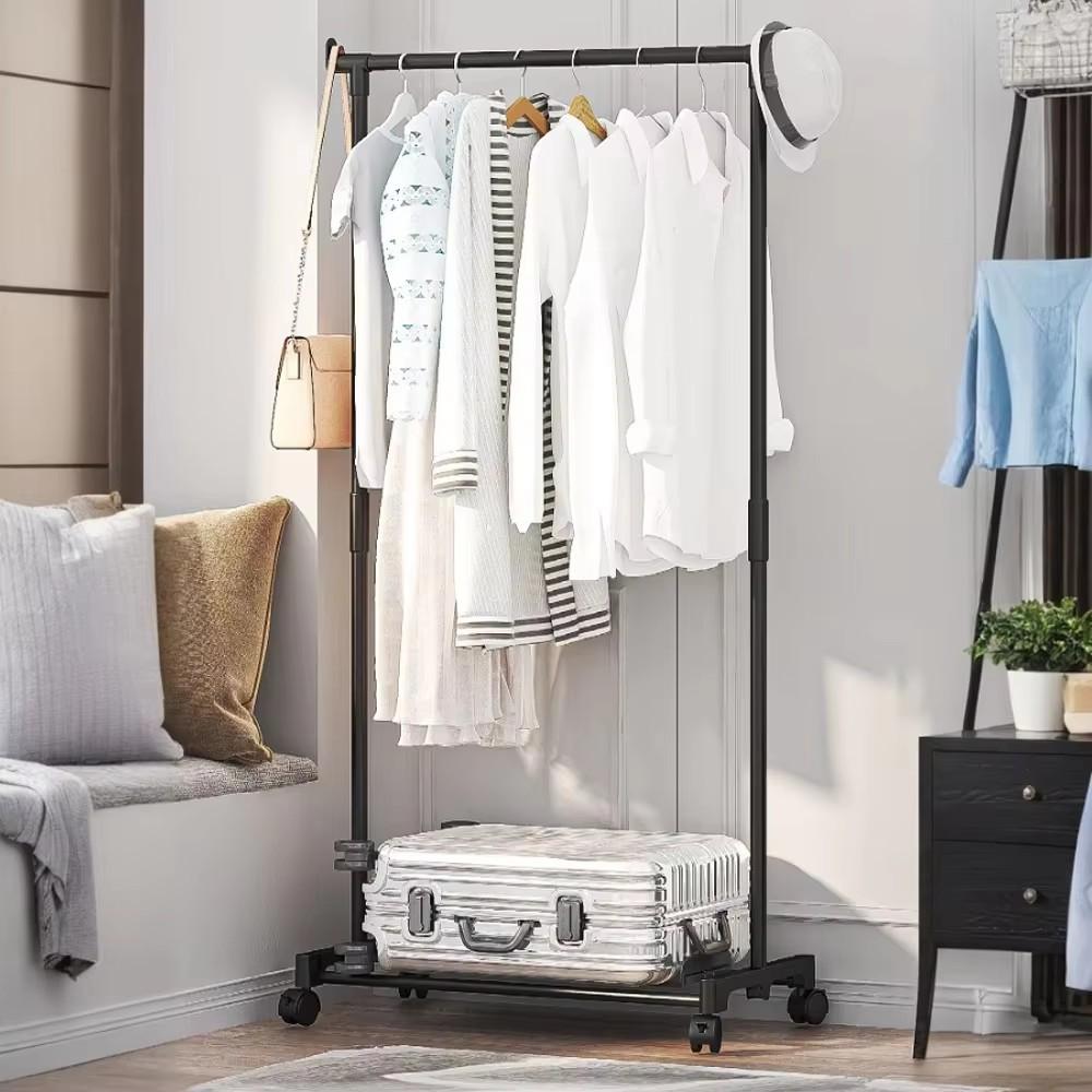 Movable Double Rod Clothes Rack Bedroom Floor Hangers Heavy Duty Coat Shelf with Wheels Organizer Home Shoe Hat Storage Racks