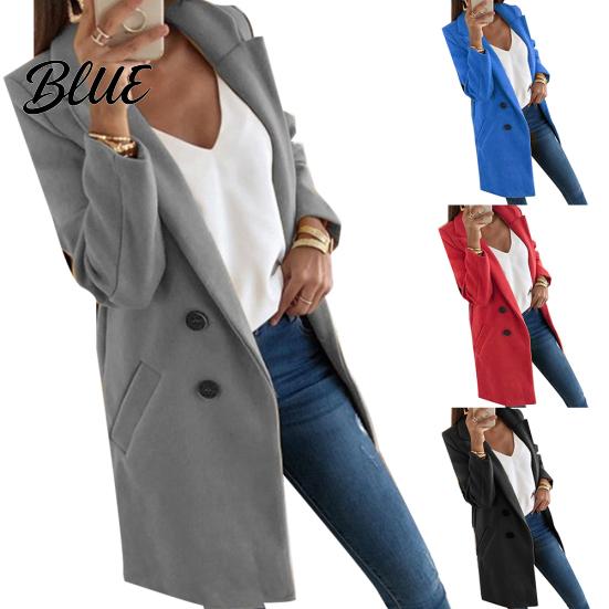 Solid Color Fashion Overcoat Coat Slim Fit Sleeve Lapel Women Long Pocket Button