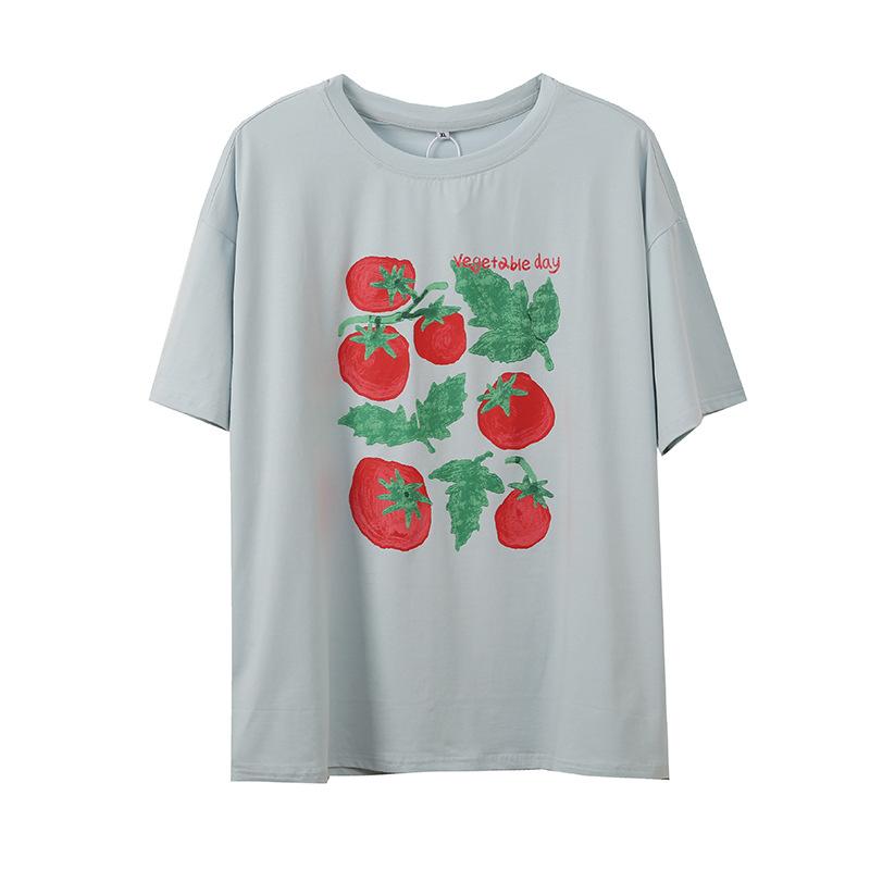 Large size women's tomato print short-sleeved T-shirt summer new loose cotton top 252532