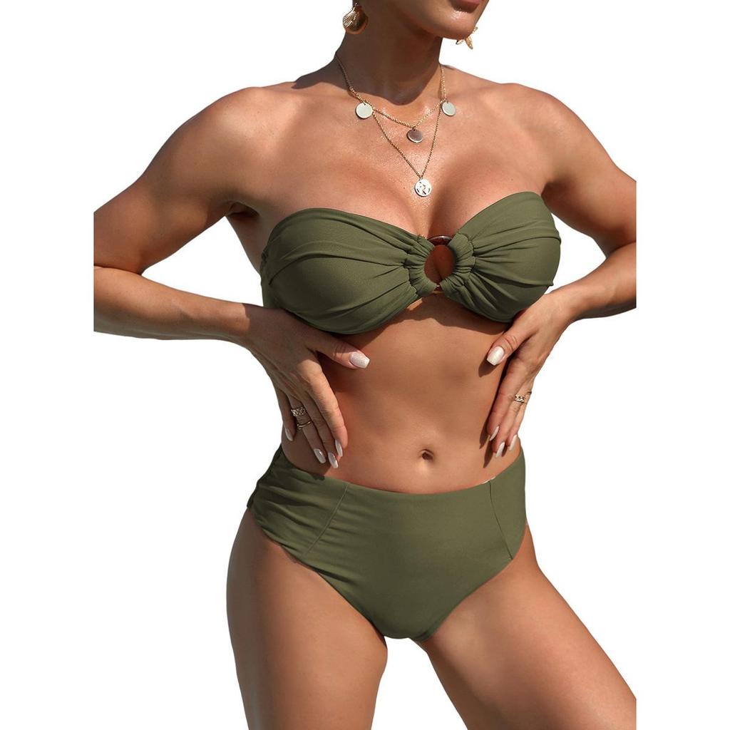 New Solid Color Bandeau Drawstring Bikini - Women's Tight-Fitting Split Swimsuit