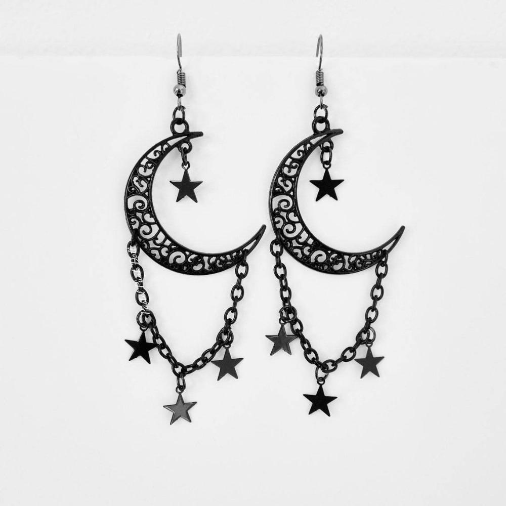 Retro Gothic Black Stainless Steel Hollowed-out Moon Star Chain Tassels Dangle Earrings for Women Halloween Party Witch Jewelry