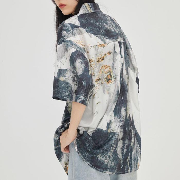 Ladies Summer Bohe Shirt - Oversized Short Sleeve Button Down Colored Drawing Printed Top for Casual Layering