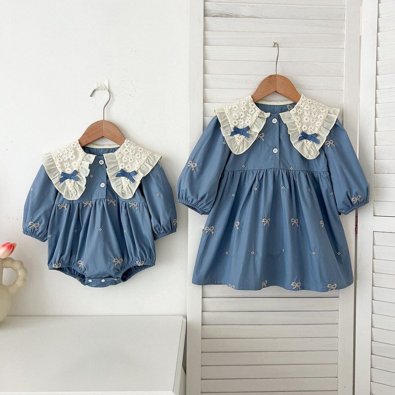 

Sister Matching Outfits, One Big and One Small, Autumn Girls Doll Collar Dress, Korean Style Fashionable Princess Dress, Baby Romper Blue 66