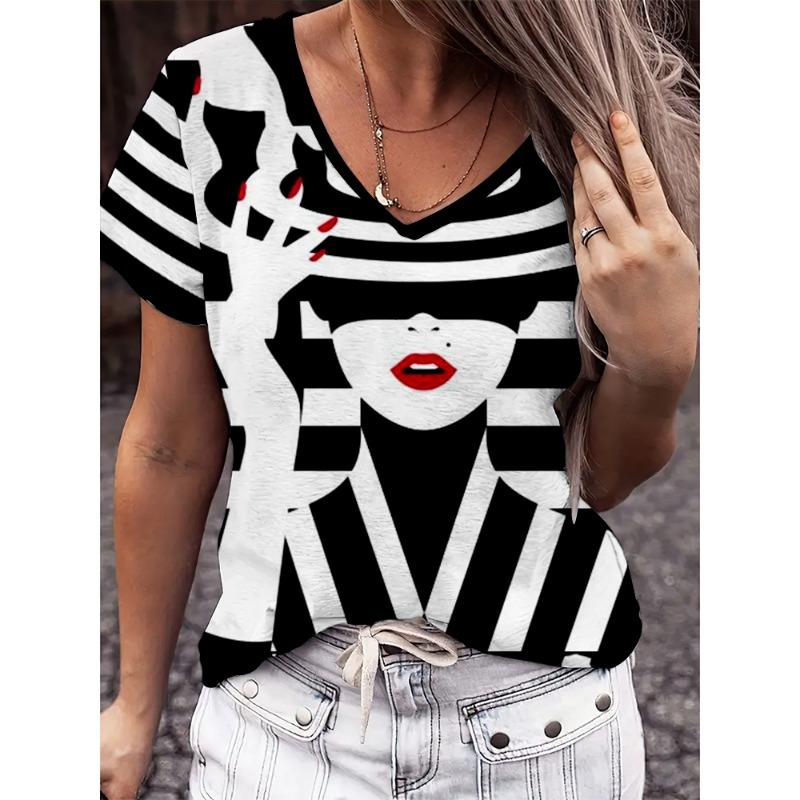 Cartoon Ladies V-neck T-shirt Summer Outdoor Casual Short Sleeve Tops 3D Character Printing