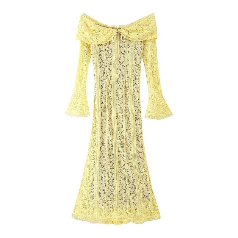 

Kaslead New Women clothes Western Style Fashion Simple Lining Cloth off-Shoulder Lace Dress Yellow L