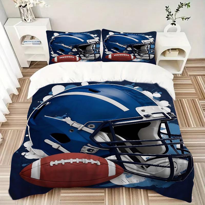 3pcs Blue Football Helmet Bedding Set, Including 1 Quilt Cover and 2 Pillow Shams, Without Filling, Soft and Comfortable Home Bedroom Fabric