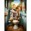 Modern Lion Dog Highland Sitting On Toilet Reading Newspaper Poster Funny Animal Print Canvas Painting Bathroom Decor Picture