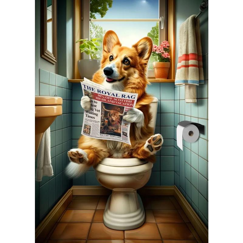 Modern Lion Dog Highland Sitting On Toilet Reading Newspaper Poster Funny Animal Print Canvas Painting Bathroom Decor Picture