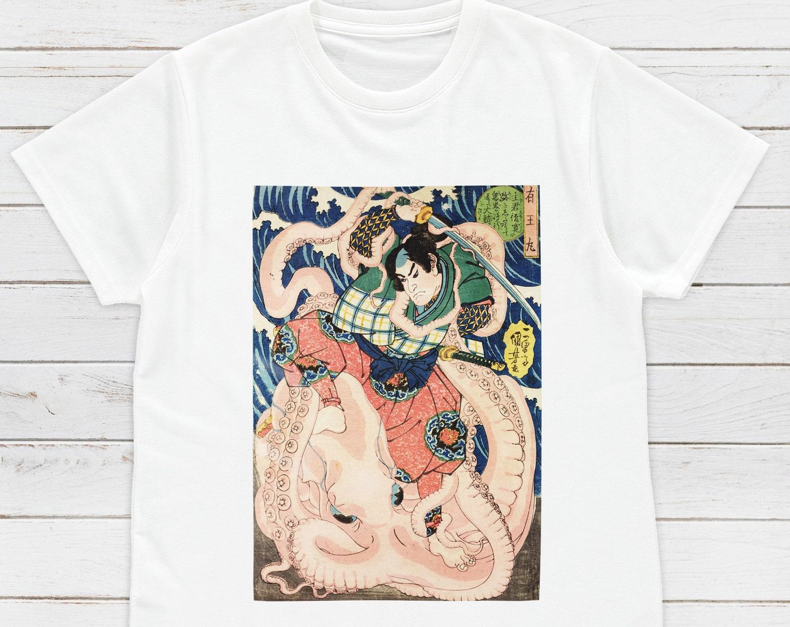 Ukiyo-e T-Shirt: Samurai vs Octopus, Japanese Woodblock Art S