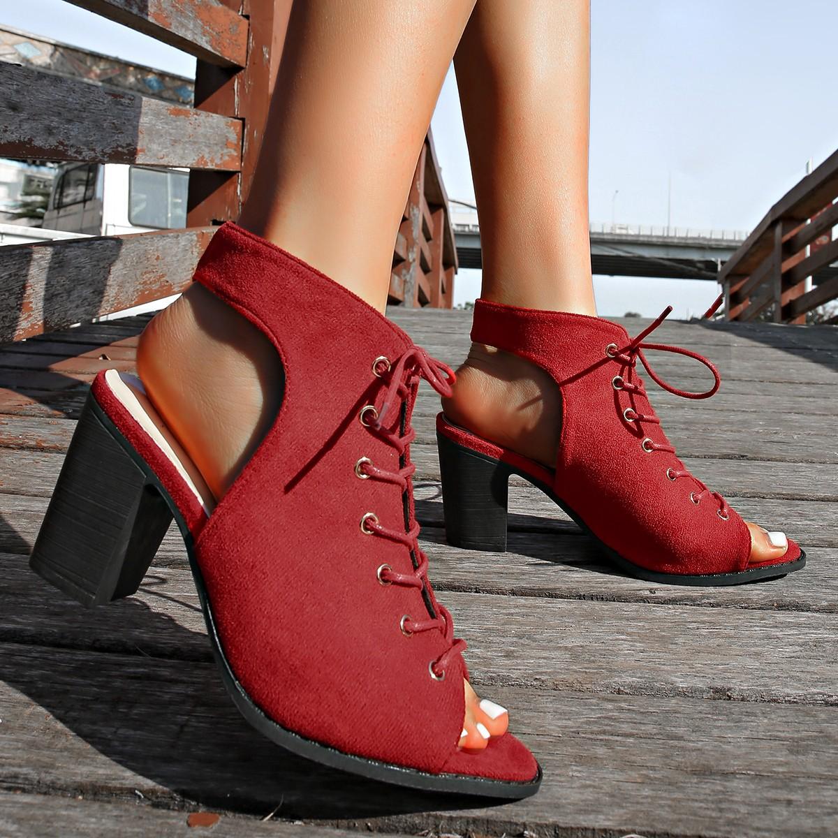 

Lace-up high-heeled cool boots thick-heeled lace-up fashion sandals British large-size fish mouth 2 Yama 42